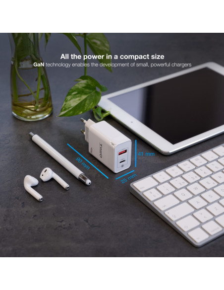 TooQ Cargador de Pared GaN USB-C/PD + USB-A/QC 45W, Blanco