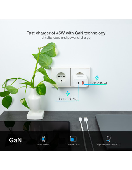 TooQ Cargador de Pared GaN USB-C/PD + USB-A/QC 45W, Blanco