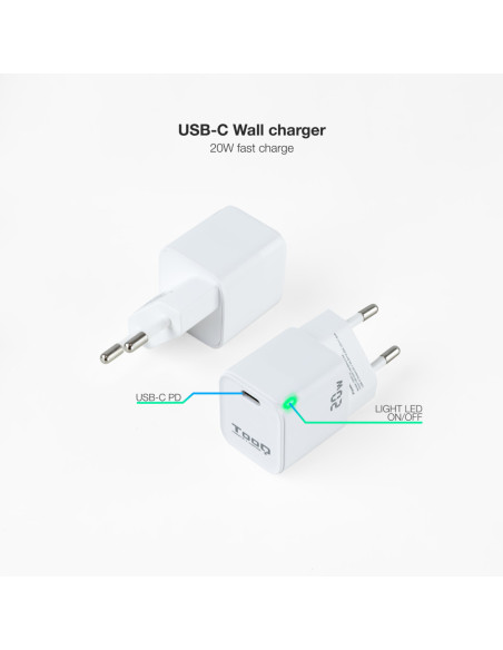 TooQ Cargador de Pared USB-C PD20W, Blanco