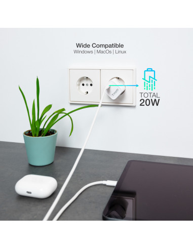 TooQ Cargador de Pared USB-C PD20W, Blanco