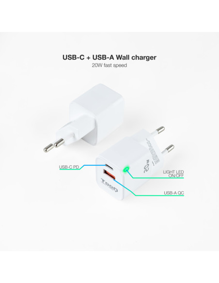 TooQ Cargador de Pared USB-C/PD + USB-A/QC 20W, Blanco