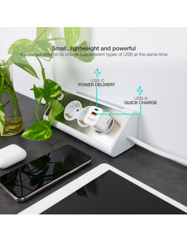 TooQ Cargador de Pared USB-C/PD + USB-A/QC 20W, Blanco