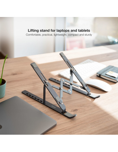 TooQ Soporte Elevador para Portátiles, Tablets, Móviles y Libros, Gris