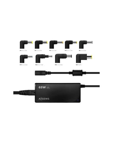 AISENS Cargador 65 W Automatico Universal Multitension Para Portatil Con 9 Conectores + USB-A QC.3.0
