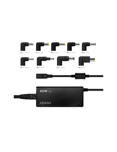 AISENS Cargador 65 W Automatico Universal Multitension Para Portatil Con 9 Conectores + USB-A QC.3.0