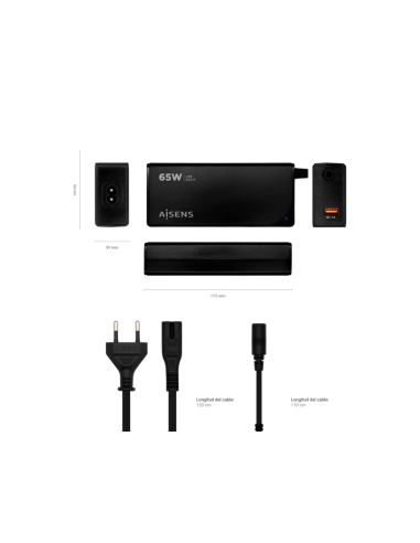 AISENS Cargador 65 W Automatico Universal Multitension Para Portatil Con 9 Conectores + USB-A QC.3.0