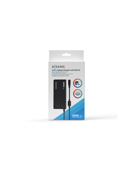 AISENS Cargador 65 W Automatico Universal Multitension Para Portatil Con 9 Conectores + USB-A QC.3.0