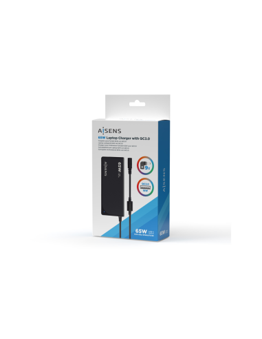 AISENS Cargador 65 W Automatico Universal Multitension Para Portatil Con 9 Conectores + USB-A QC.3.0