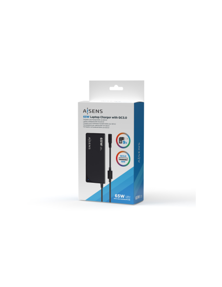 AISENS Cargador 65 W Automatico Universal Multitension Para Portatil Con 9 Conectores + USB-A QC.3.0