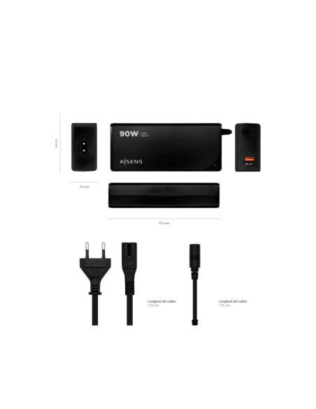 AISENS ASLC-90WAUTO-BK adaptador e inversor de corriente Interior 90 W Negro