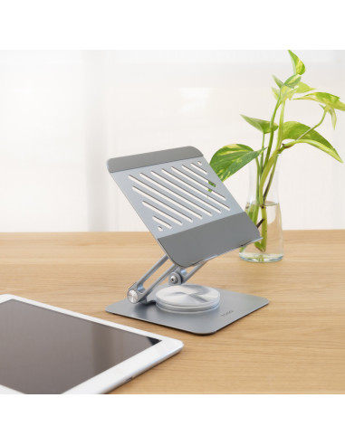 TooQ Soporte de Sobremesa con rotación 360° y ajustable para dispositivos de hasta 13”, Color Plata