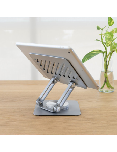 TooQ Soporte de Sobremesa con rotación 360° y ajustable para dispositivos de hasta 13”, Color Plata