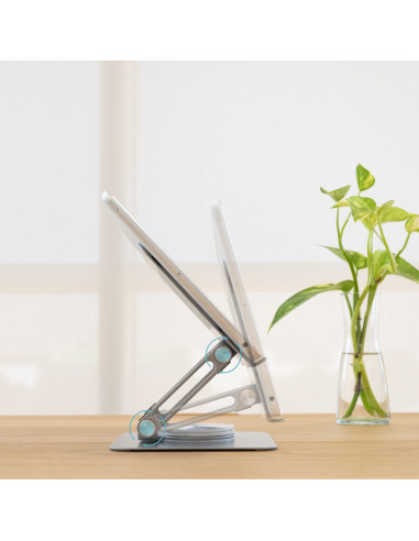 TooQ Soporte de Sobremesa con rotación 360° y ajustable para dispositivos de hasta 13”, Color Plata