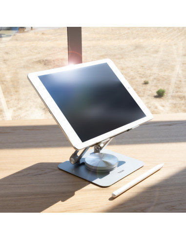 TooQ Soporte de Sobremesa con rotación 360° y ajustable para dispositivos de hasta 13”, Color Plata