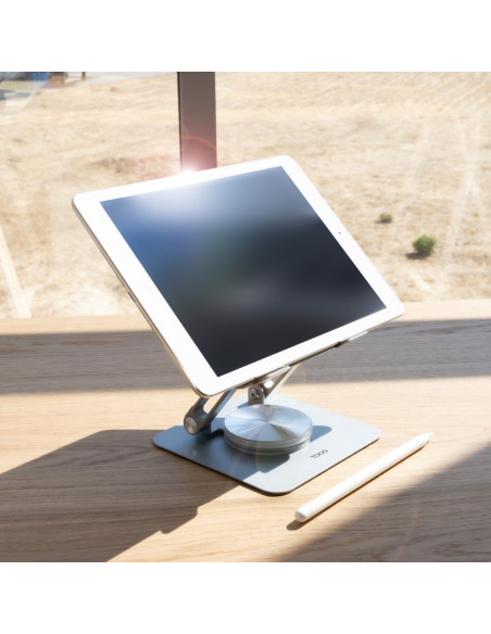 TooQ Soporte de Sobremesa con rotación 360° y ajustable para dispositivos de hasta 13”, Color Plata