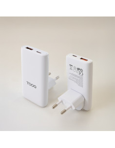 TooQ Cargador de viaje Tipo C y Tipo A, GaN 65W, USB-C/PD + USB-A/QC, Blanco 2