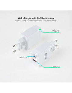 TooQ Cargador de Pared GaN USB-C/PD + USB-A/QC 45W, Blanco 2