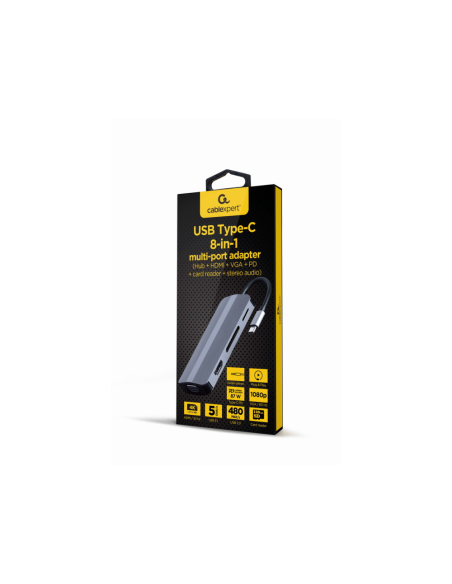 Gembird Adaptador combinado USB tipo C 8 en 1 (Hub + HDMI + PD + lector de tarjetas + LAN)