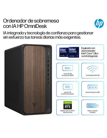 HP OmniDesk AI M03-0016ns PC Intel Core Ultra 5 225 16 GB DDR5-SDRAM 1 TB SSD Windows 11 Home Torre AI PC Madera