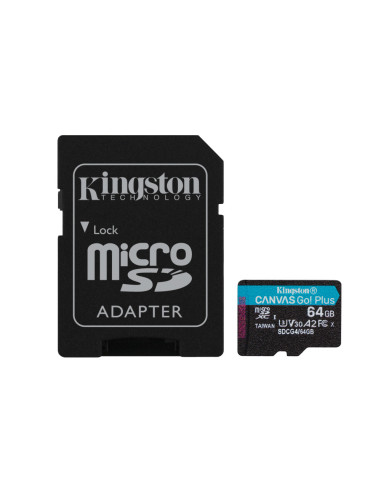 Kingston Technology Tarjeta microSDXC Canvas Go Plus Gen4 de 64 GB, 200 MB/s, A2 U3 V30 y adaptador