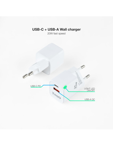 TooQ Cargador de Pared USB-C/PD + USB-A/QC 20W, Blanco