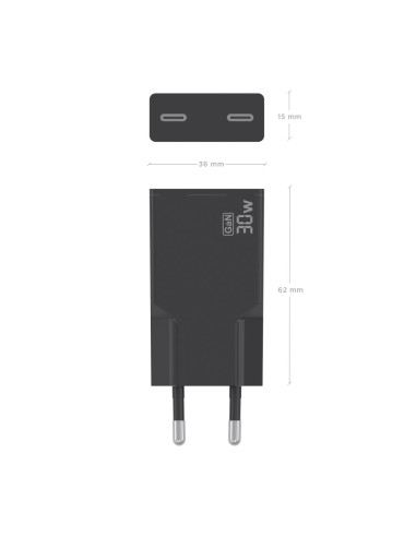 AISENS Cargador Ultra Delgado GaN 30W, 2xUSB-C PD3.0, Negro