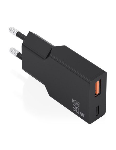 AISENS Cargador Ultra Delgado GaN 30W, 1xUSB-C PD3.0 QC4.0, 1xUSB-A QC3.0, Negro