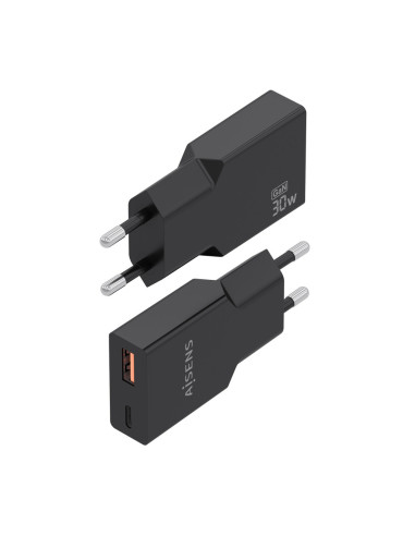 AISENS Cargador Ultra Delgado GaN 30W, 1xUSB-C PD3.0 QC4.0, 1xUSB-A QC3.0, Negro