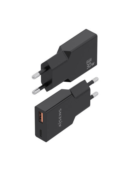 AISENS Cargador Ultra Delgado GaN 30W, 1xUSB-C PD3.0 QC4.0, 1xUSB-A QC3.0, Negro