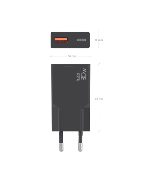 AISENS Cargador Ultra Delgado GaN 30W, 1xUSB-C PD3.0 QC4.0, 1xUSB-A QC3.0, Negro