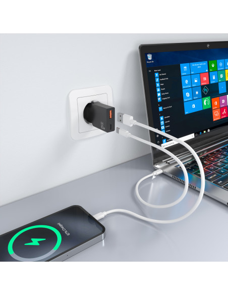 AISENS Cargador Ultra Delgado GaN 30W, 1xUSB-C PD3.0 QC4.0, 1xUSB-A QC3.0, Negro
