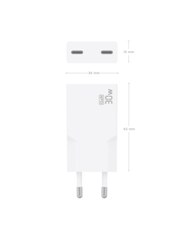 AISENS Cargador Ultra Delgado GaN 30W, 2xUSB-C PD3.0, Blanco