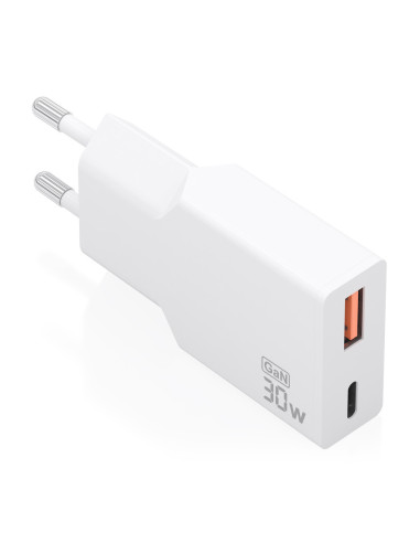 AISENS Cargador Ultra Delgado GaN 30W, 1xUSB-C PD3.0 QC4.0, 1xUSB-A QC3.0, Blanco