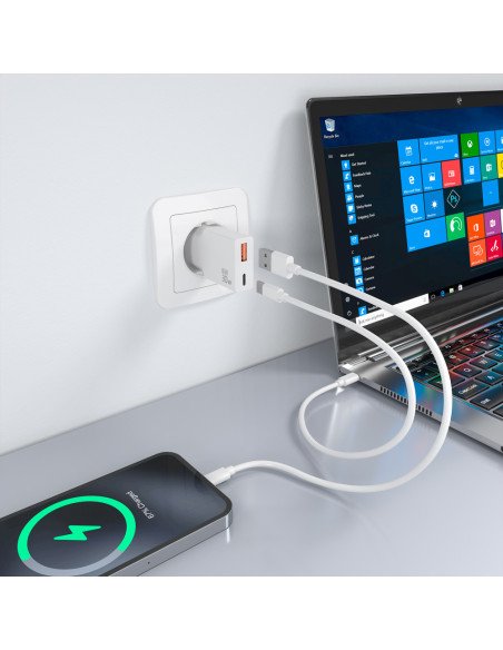 AISENS Cargador Ultra Delgado GaN 30W, 1xUSB-C PD3.0 QC4.0, 1xUSB-A QC3.0, Blanco
