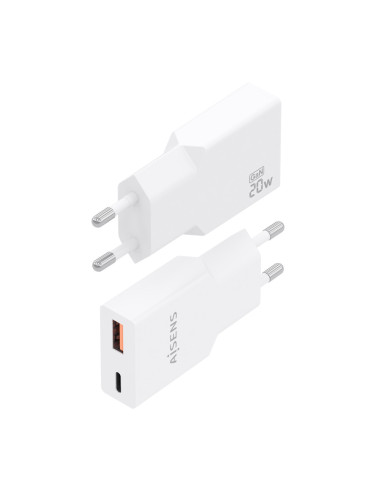AISENS Cargador Ultra Delgado GaN 20W, 1xUSB-C PD3.0 QC4.0, 1xUSB-A QC3.0, Blanco