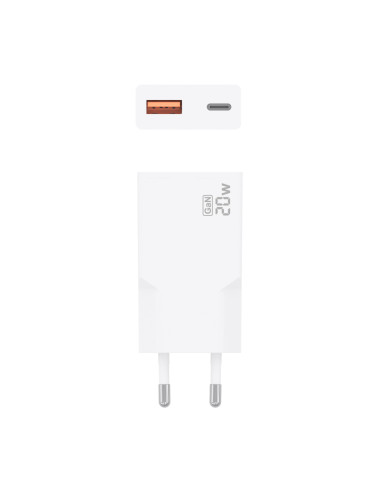 AISENS Cargador Ultra Delgado GaN 20W, 1xUSB-C PD3.0 QC4.0, 1xUSB-A QC3.0, Blanco