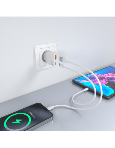 AISENS Cargador Ultra Delgado GaN 20W, 1xUSB-C PD3.0 QC4.0, 1xUSB-A QC3.0, Blanco