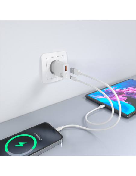 AISENS Cargador Ultra Delgado GaN 20W, 1xUSB-C PD3.0 QC4.0, 1xUSB-A QC3.0, Blanco