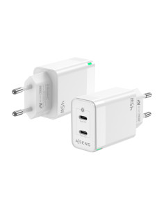AISENS Cargador Gan 45W, 2xUSB-C PD3.0 QC4.0, Blanco