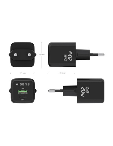 AISENS ASCH-20W2P011-BK cargador de dispositivo móvil Universal Corriente alterna Carga rápida Interior