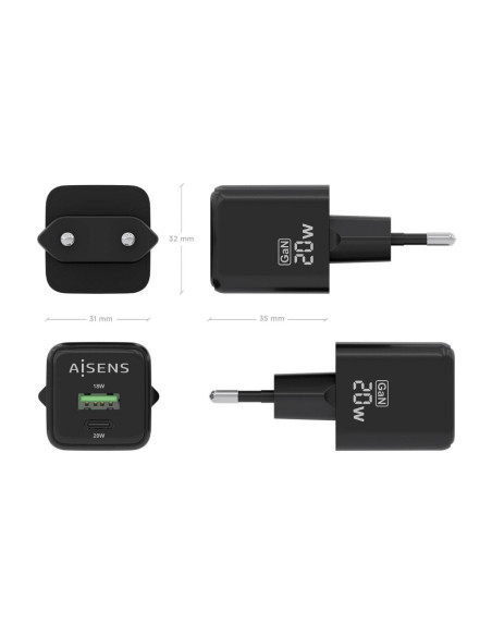 AISENS ASCH-20W2P011-BK cargador de dispositivo móvil Universal Corriente alterna Carga rápida Interior