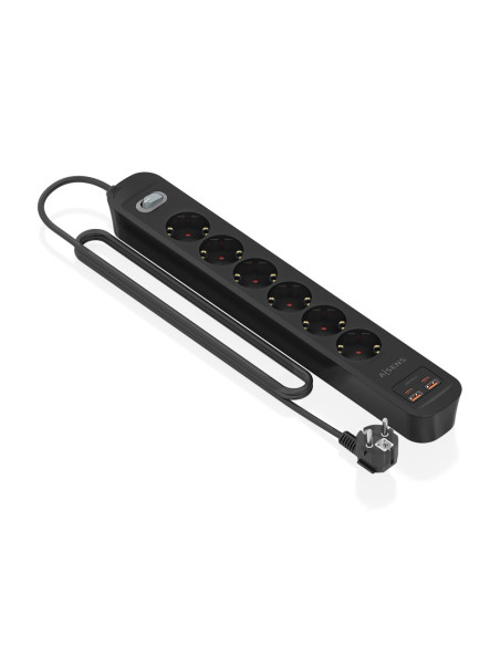 AISENS Regleta de Enchufes Multifuncion con 6 Tomas + Cargador PD3.0 20W 2xUSB-C, 2xUSB-A, 1.4m, Negro