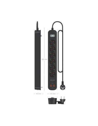 AISENS Regleta de Enchufes Multifuncion con 6 Tomas + Cargador PD3.0 20W 2xUSB-C, 2xUSB-A, 1.4m, Negro
