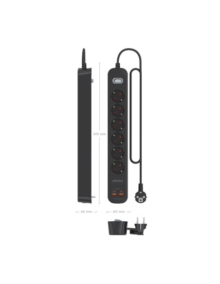 AISENS Regleta de Enchufes Multifuncion con 6 Tomas + Cargador PD3.0 20W 2xUSB-C, 2xUSB-A, 1.4m, Negro