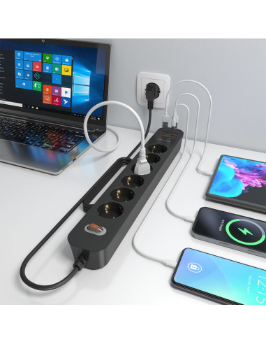 AISENS Regleta de Enchufes Multifuncion con 6 Tomas + Cargador PD3.0 20W 2xUSB-C, 2xUSB-A, 1.4m, Negro