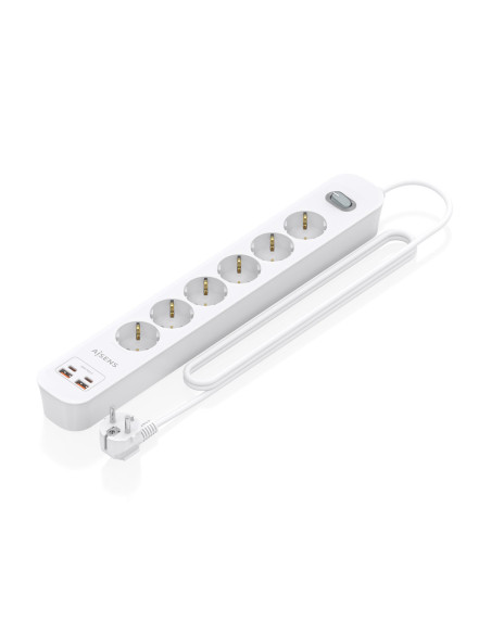AISENS Regleta de Enchufes Multifuncion con 6 Tomas + Cargador PD3.0 20W 2xUSB-C, 2xUSB-A, 1.4m, Blanco