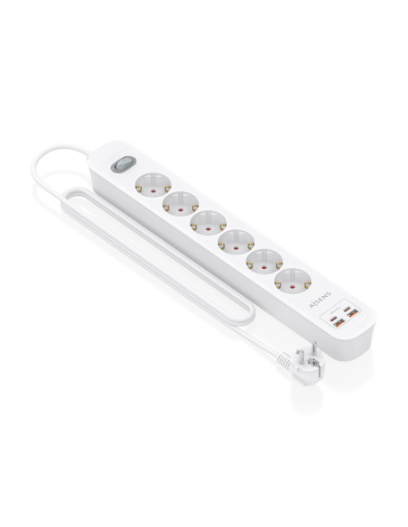 AISENS Regleta de Enchufes Multifuncion con 6 Tomas + Cargador PD3.0 20W 2xUSB-C, 2xUSB-A, 1.4m, Blanco