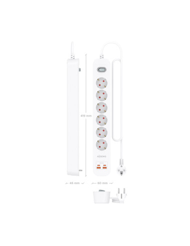 AISENS Regleta de Enchufes Multifuncion con 6 Tomas + Cargador PD3.0 20W 2xUSB-C, 2xUSB-A, 1.4m, Blanco
