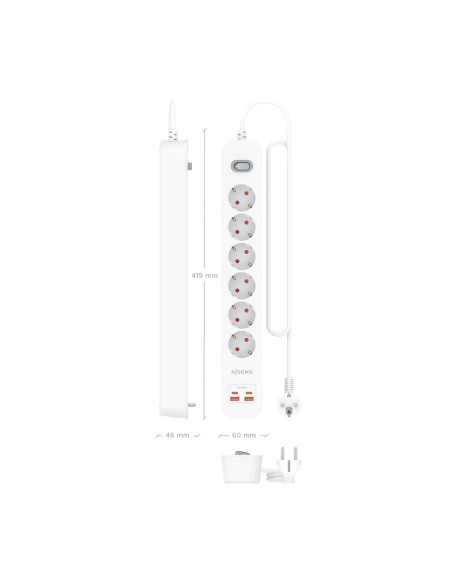 AISENS Regleta de Enchufes Multifuncion con 6 Tomas + Cargador PD3.0 20W 2xUSB-C, 2xUSB-A, 1.4m, Blanco
