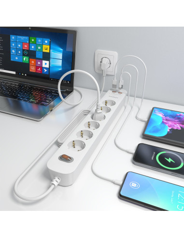 AISENS Regleta de Enchufes Multifuncion con 6 Tomas + Cargador PD3.0 20W 2xUSB-C, 2xUSB-A, 1.4m, Blanco